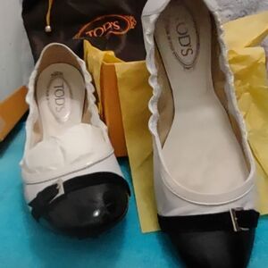 Tod’s Driving Shoes Like NEWhite, Black Suede Bow at Toe, Silver Buckle Hardware